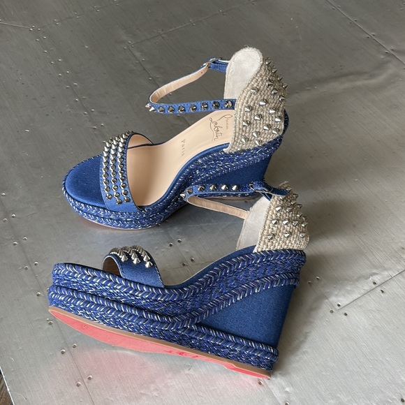 Christian Louboutin madmonica denim beige sandal wedge espadrille 120mm sz 38 - Picture 6 of 13